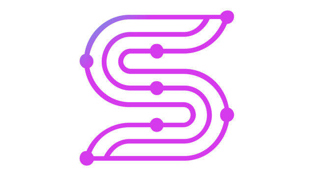 Abstract vector icon illustration of a stylized S-shaped distributed ledger with parallel lines and connection nodes, featuring a vibrant cyan to purple gradient for blockchain technology apps.