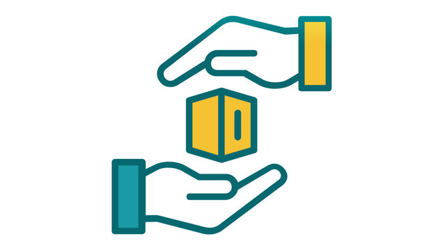 Peer-to-peer blockchain technology vector icon illustration featuring two hands protecting a digital asset cube. Minimalist flat design with teal and yellow gradient for crypto and finance apps.