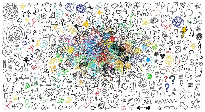 Doodle Art Explosion: Colorful Abstract Scribbles and Symbols Background