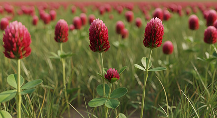 Obraz premium Field of blooming red clover flowers, detailed close-up on foreground blossoms with green grass and blurred background, natural spring meadow, agriculture and botany concept