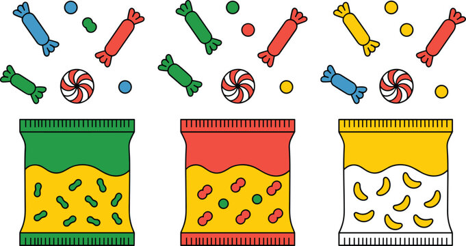 Cartoon candy bags in colorful vector illustration of sweet treats and confectionery