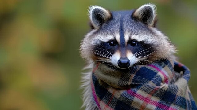 Raccoon stares softly at camera. Plaid scarf wrapped around its neck. Furry face with dark, expressive eyes. Background blurred, natural tones. Cozy, whimsical, adorable expression