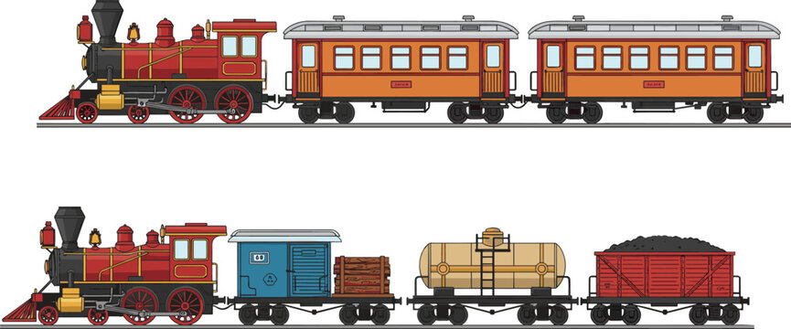 Cartoon trains in colorful vector illustration of passenger and freight railway
