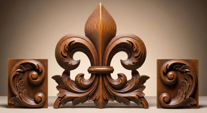 Ornate Wooden Fleur-de-lis and Scrollwork Carvings - Decorative Elements