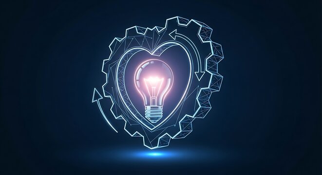 Digital image of a glowing lightbulb inside a heart, encircled by a gear and arrows