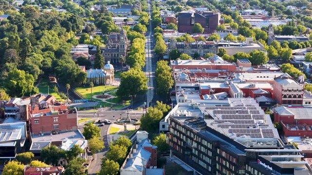 Bendigo Aerial Footage Central Business District Gardens Fountain Visitor Centre Rosalind Park 4K Panorama Victoria Australia