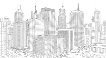 Fototapeta premium Sketchy Cityscape Drawing: Modern Skyscrapers and Urban Skyline