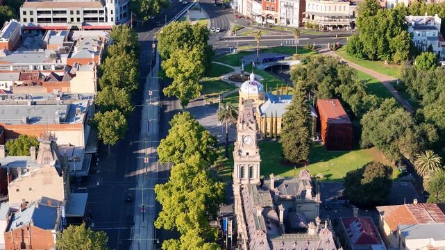 Bendigo Aerial Footage Panoramic View Bendigo City Landmarks Visitor Centre Business District Muesuem, Victoria 4K