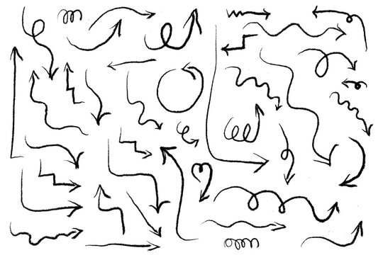 Chalk arrow icons set, hand-drawn sketch style with wavy, zigzag, curved, looped arrows. High-res PNG. Ideal for infographics, presentations, web design, UI, UX, business, marketing, creative projects