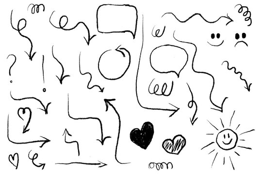 Hand drawn chalk textured doodles PNG, arrows, speech bubbles, hearts, sun, faces, emojis, scribbles. Sketch icon set for social media, planners, notes, UI, branding, journaling, design. High-res