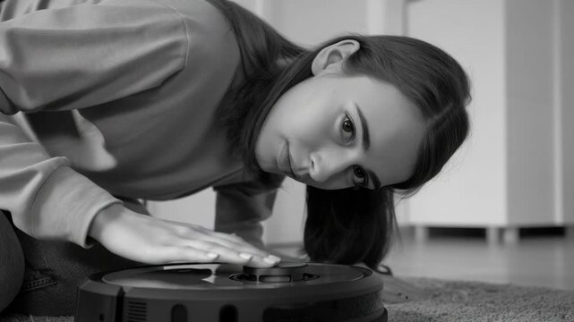 Young woman bending over to examine a robotic vacuum cleaner. She is deeply focused on the task at hand.