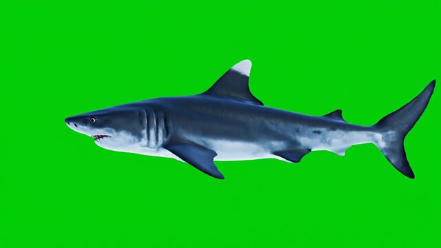 A majestic whitetip reef shark with a distinctive white-tipped dorsal fin swimming gracefully against a vibrant green screen background, showcasing its sleek form.