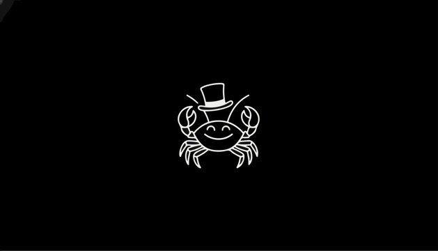 Crab wearing a formal top hat is depicted as a whimsical white line art drawing centered to provide maximum negative space for professional branding.