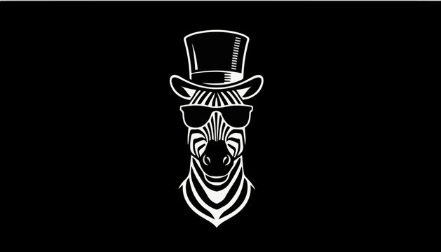 Zebra wearing a top hat and sunglasses is depicted in a stylized graphic design that serves as a professional vector logo on black.