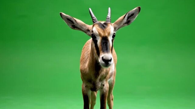A young gazelle with large ears and small horns stands facing forward against a vibrant green screen background, looking directly at the viewer.