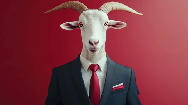 A humorous featuring a goat dressed in business attire, complete with a suit, red tie, and slacks. This costume is meant to evoke a playful or surreal atmosphere.