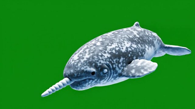 A narwhal, a medium-sized toothed whale, with its distinctive long tusk, swimming in water against a vibrant green background.