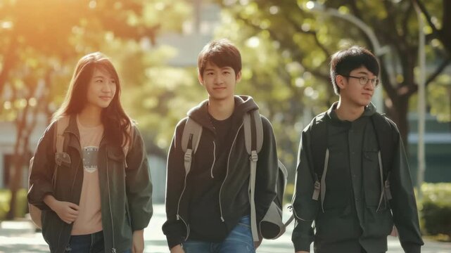 Three students posing together in a park, likely on a sunny summer day. They are smiling and appear to be good friends.