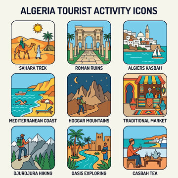 Illustrative Collection of Diverse Algerian Tourist Activity Icons Showcasing Cultural and Natural