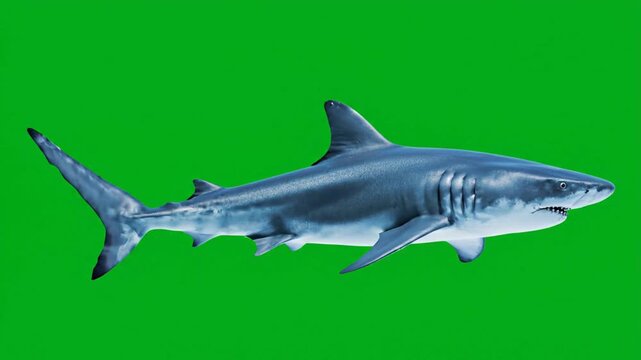 A majestic shark with a sleek body and powerful fins swims gracefully against a vibrant green screen background, showcasing its predatory form.