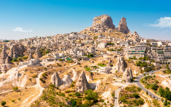 Uchisar castle in rock formation. Cappadocia. Nevsehir Province. Turkey