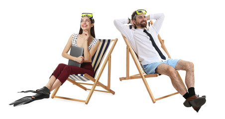 Office workers dreaming about vacation. Man and woman with diving masks, laptop and swim flippers sitting in deckchairs on white background © New Africa