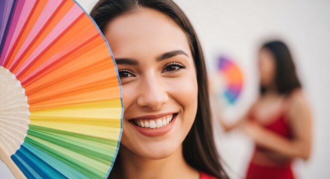 Close up portrait of beautiful young woman holding colorful rainbow paper fan hiding half face with happy smile standing outdoors in summer sunlight.