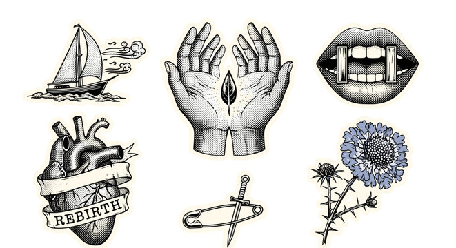Collection of vintage tattoo flash designs with nautical and symbolic themes