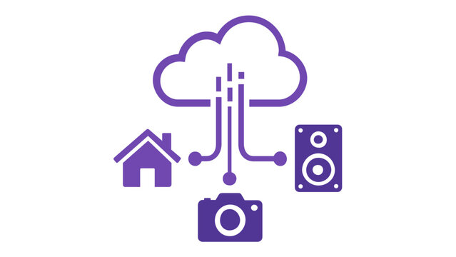 Internet of Things (IoT) vector icon illustration featuring a cloud connected to a smart home, speaker, and camera with a vibrant orange and purple gradient, representing cloud computing and data.
