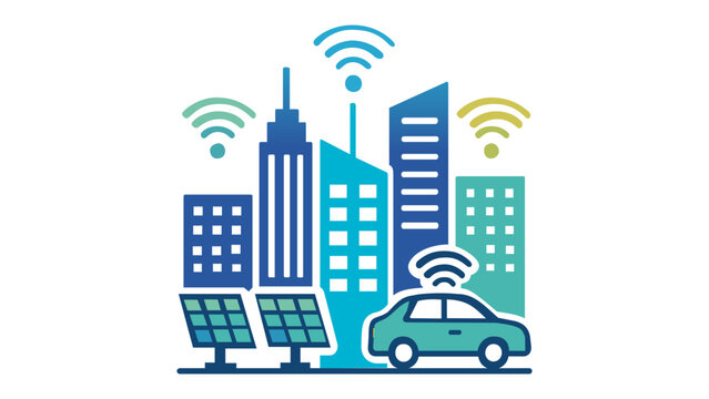 Smart city vector illustration featuring connected urban buildings with wifi signals, solar panels for renewable energy, and an autonomous electric vehicle, representing IoT and sustainability.