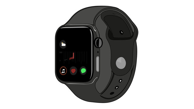 Vector illustration of a modern black smartwatch icon, a sleek IoT device for health tracking and communication, featuring a minimalist flat design, scalable digital wearable technology.