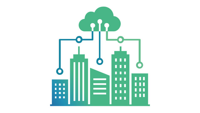 Smart city and cloud computing vector illustration featuring a digital network connecting urban buildings with cloud storage. Ideal for IoT, technology, data connectivity, and smart infrastructure.