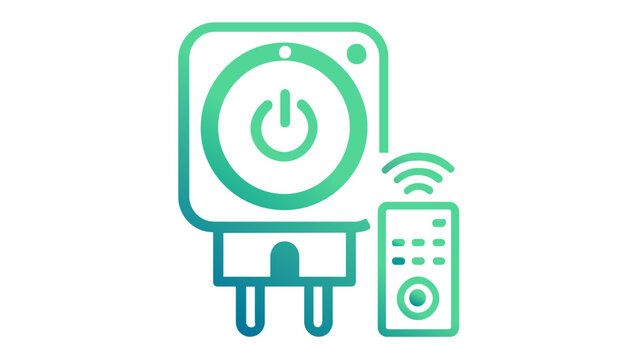 Smart home technology vector icon illustration featuring a wireless smart plug with power button and remote control for automated lighting and appliance management in a minimalist flat design.