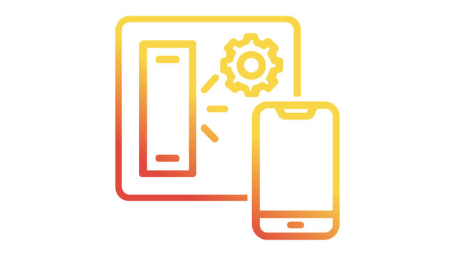 Smart home lighting automation vector icon illustration featuring a digital light switch, settings gear, and smartphone control app, modern orange gradient design for IoT and technology concepts.