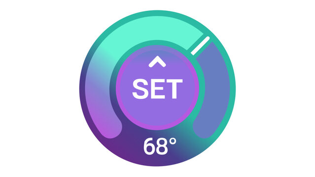Modern smart thermostat vector icon illustration for home automation and internet of things IoT. Digital temperature control interface with vibrant gradient, featuring a SET button and 68 degrees.