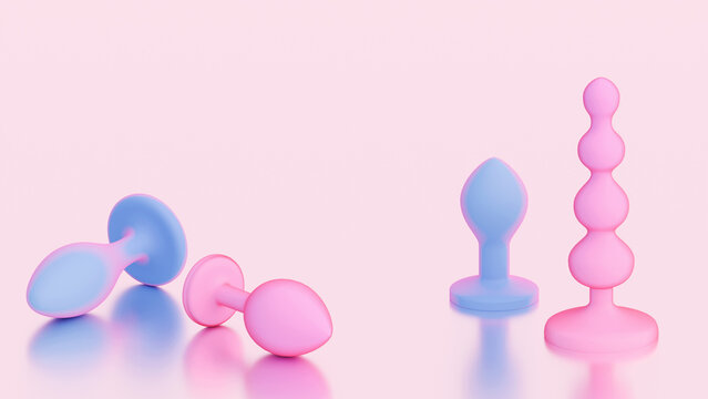 Butt plugs, adult sex toys, anal plugs and beads on a light pink background. 3d render, pastel colours, soft velvety matt material in pink and blue. Sexshop products, copy space for text.