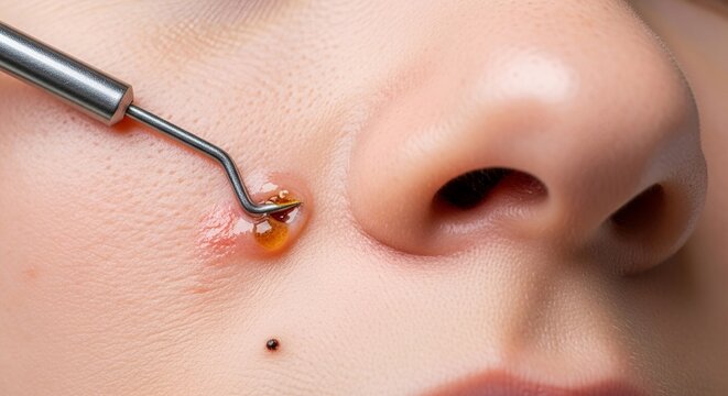 Acne Pimple Extraction Metal Tool Face Skin Closeup Dermatology Clinical Treatment Macro Photography