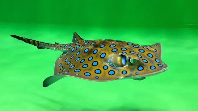 A vibrant blue-spotted stingray gracefully glides through clear green ocean water, showcasing its unique patterns.