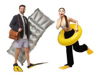 Office workers dreaming about vacation. Man and woman with inflatable ring, mattress and swim flippers on white background © New Africa
