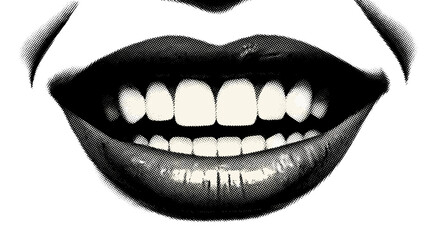 Fototapeta premium Closeup of smiling mouth with teeth showing in black and white