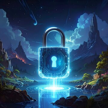 Futuristic glowing digital padlock