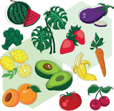 Big organic vegetable and fruit Vector sticker set
Collection of healthy food icons in minimalist flat style with offset contour 
