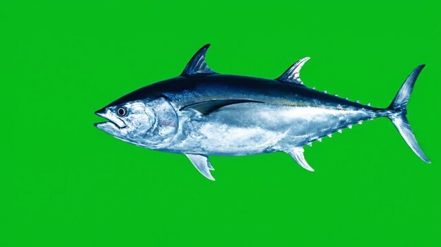 A large, sleek tuna fish swimming in profile against a vibrant green background, showcasing its powerful form.
