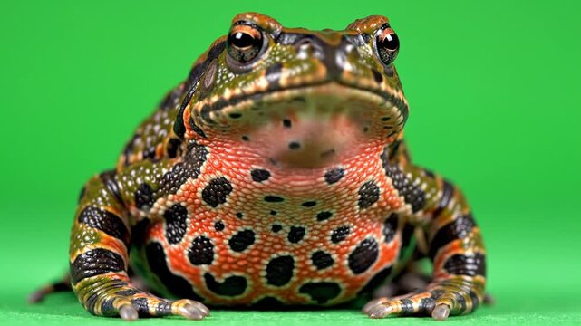 A close-up, front-facing view of a colorful frog with striking orange and black spots on its belly, set against a vibrant green background.
