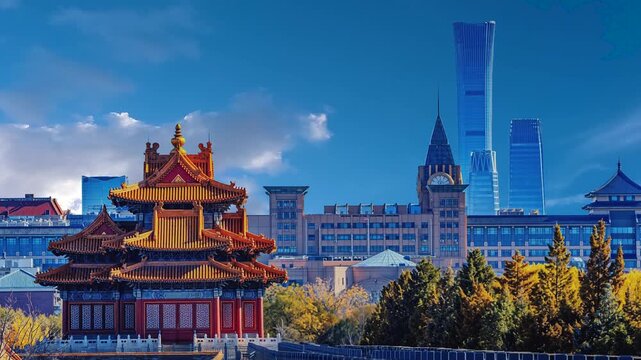 A dynamic timelapse video capturing the contrast between the traditional Forbidden City Corner Tower and the modern China Zun Tower in Beijing, showcasing the city's evolving skyline.