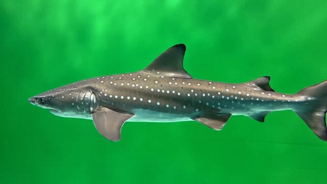 A majestic spotted shark, possibly a whale shark, swims gracefully in vibrant green water, showcasing its unique pattern.