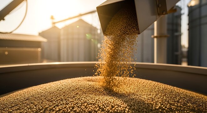 Grain pours from chute into bin, with silos and sunlight in the background