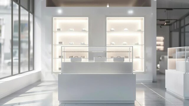 Clean and minimalist storefront with a modern design, featuring high-end jewelry and accessories in glass cabinets against an urban backdrop.