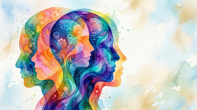 A compelling abstract watercolor artwork depicting three overlapping human head silhouettes, each bursting with a distinct spectrum of vibrant, flowing colors.