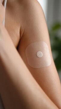 Thin adhesive biosensor patch on upper arm, wearable fertility sensor for hormonal monitoring, ovulation patch for basal temperature tracking, femtech wearable for ovulation prediction care